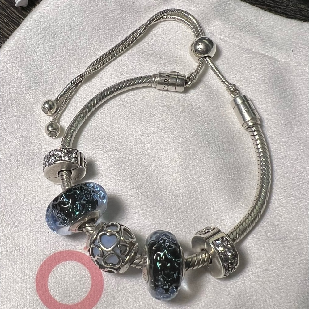 PANDORA Sliding Clasp Bracelet w/ 2 CLIPS and 3 CHARMS! AUTHENTIC Size fits all!